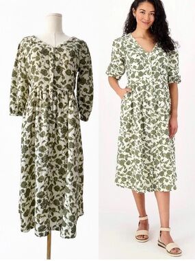 Encore Floral Midi Dress XS Green Ivory Cotton Button Front Cottagecore Romantic